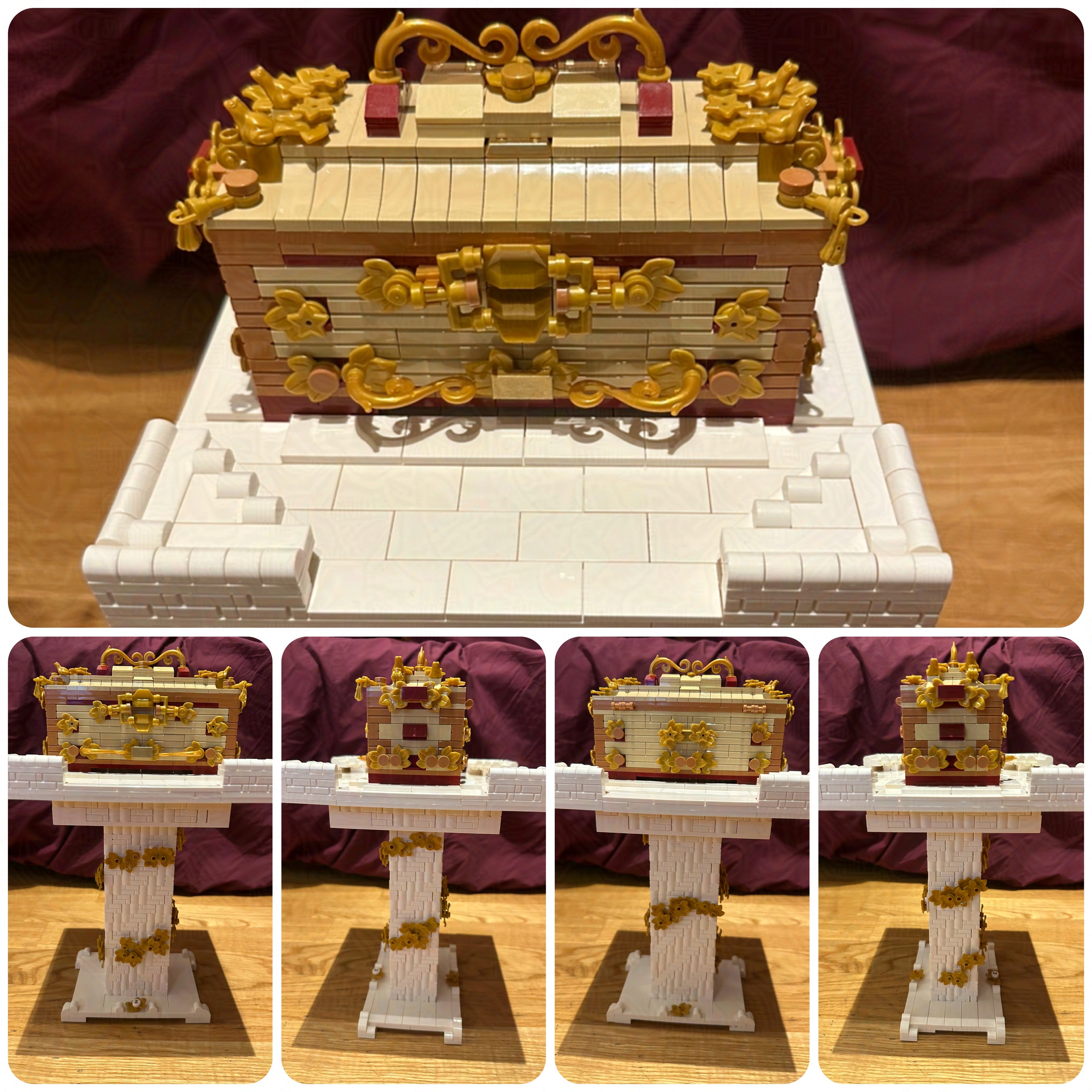 LEGO model of a beige and brown, adorned with gold floral and ornate handles hope chest. It sits atop a matching white platform, and the platform sitting on top of a square white pillar decorated with gold floral embellishments. Below the main image are four perspective views of the treasure chest and its pillar.