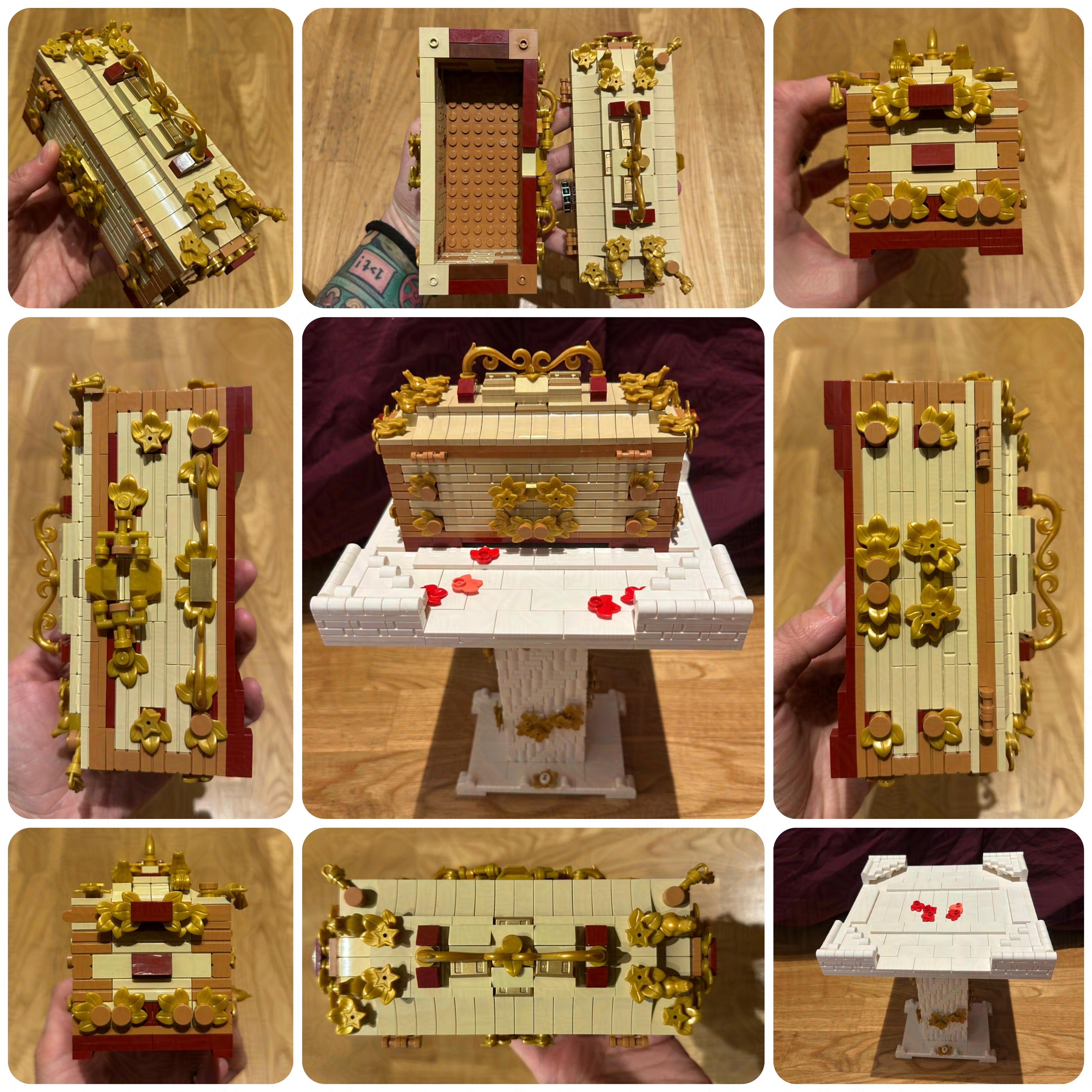 Nine-panel collage showcasing a detailed model of a hope chest, built entirely from LEGO bricks. The chest is primarily beige and brown, adorned with gold floral and ornate handles. It sits atop a white brick and tiles pedestal, also made of LEGOs, with several red rose-like petal pieces scattered on the surface and burgundy fabric in the background. Different angles depict the chest&rsquo;s details, including its open and closed states, emphasizing the craftsmanship and design.
